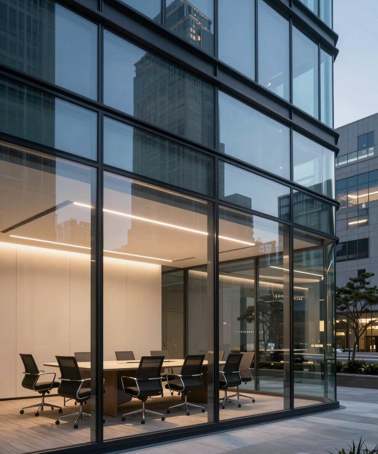 A professional shot of a glass-walled conference room in an urban office building at dusk. Minimal furniture, high-end North American professional setting.