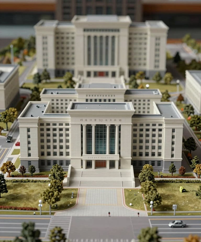 A photograph of an architectural model of a university campus. The lighting is crisp and scholarly, showing fine detail and precision.