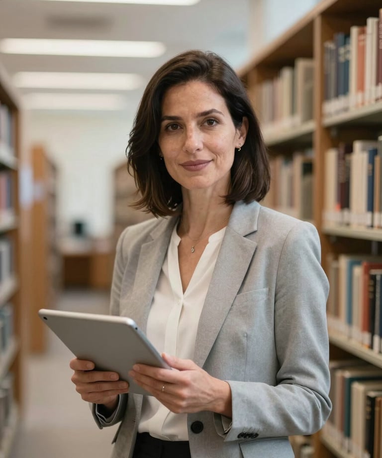 A professional portrait of an academic woman in a blazer, holding a tablet, standing in a brightly lit modern library. North American / Academic context.