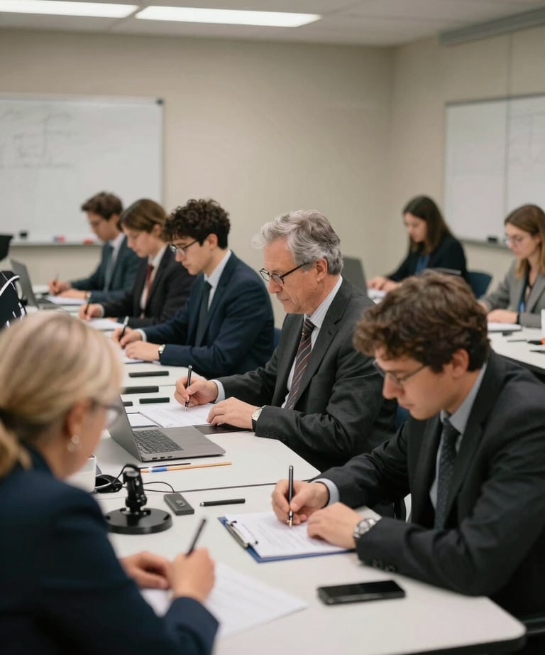 A photo of a professional workshop in progress. Participants in formal attire are engaged in a structured activity. North American / Academic context.