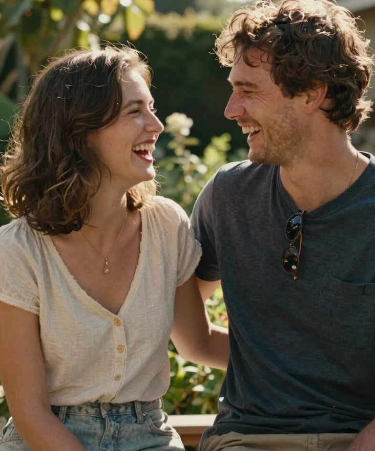 An authentic candid photograph of a couple laughing together in a warm, sun-drenched North American garden, their interaction captured in a cinematic, authentic style.