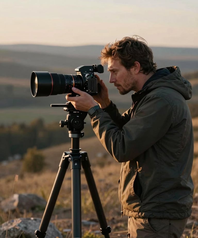 A photographer working on site in a North American landscape during the golden hour, focusing on natural light and cinematic composition.