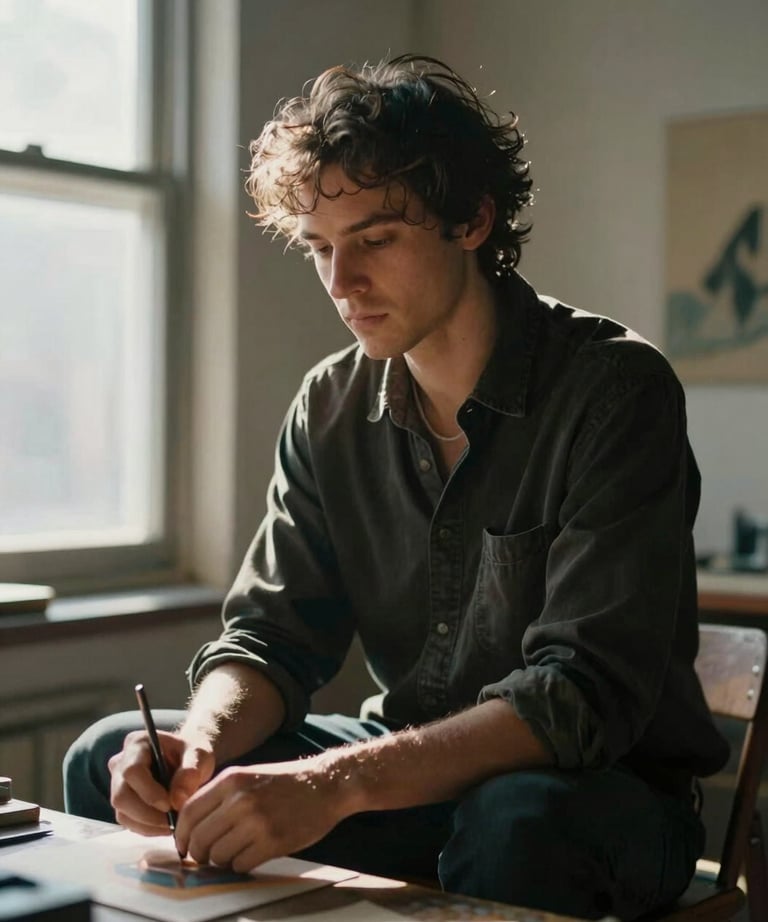 A portrait of a collaborating artist in a sunlit North American loft, focusing on the cinematic atmosphere and artistic dedication.