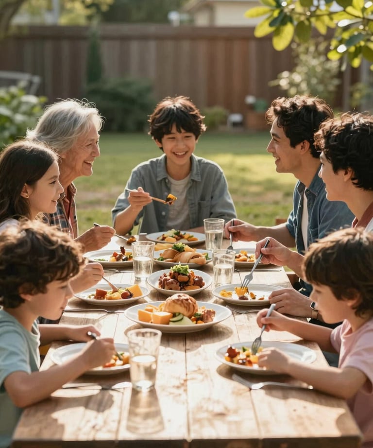 A cinematic photograph of a North American family sharing a meal outdoors at a wooden table, sun-drenched and full of authentic joy.