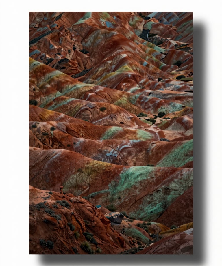 A stunning landscape print with deep terracotta and sage green hues, inspired by the North American southwest, displayed in a cinematic light.