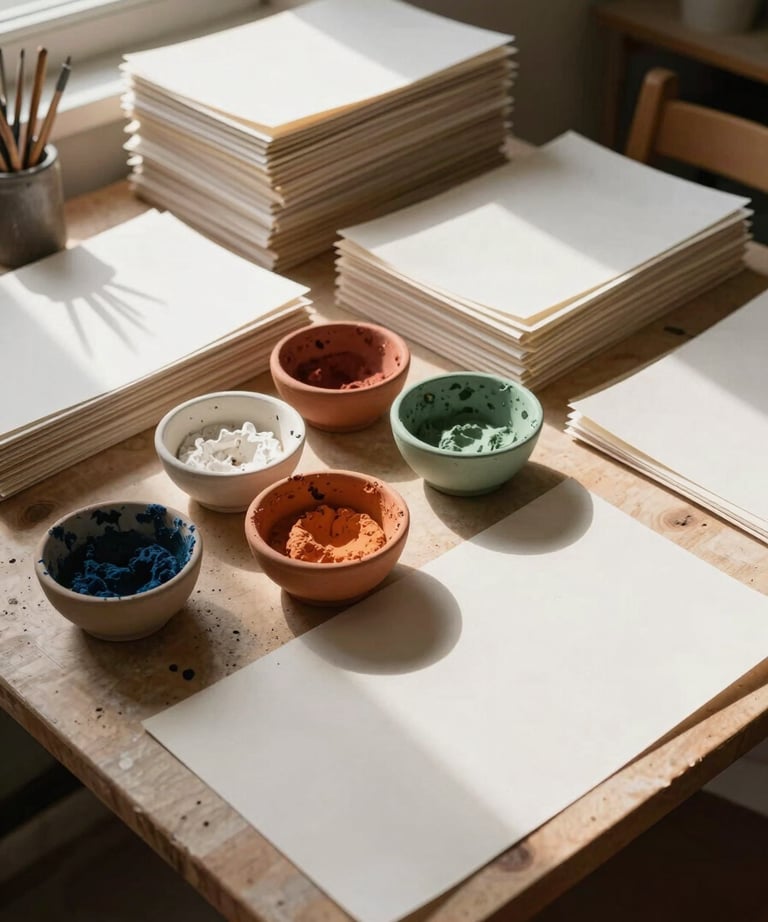 An overhead shot of an organized art studio in a sunlit North American house, showing stacks of paper and bowls of pigment in terracotta and sage green.