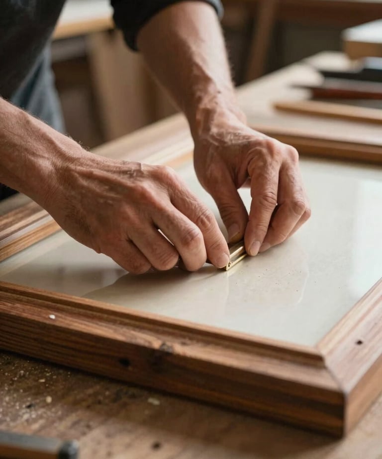 A close-up of a master framer's hands working with aged wood in a warm, artistic workshop setting.