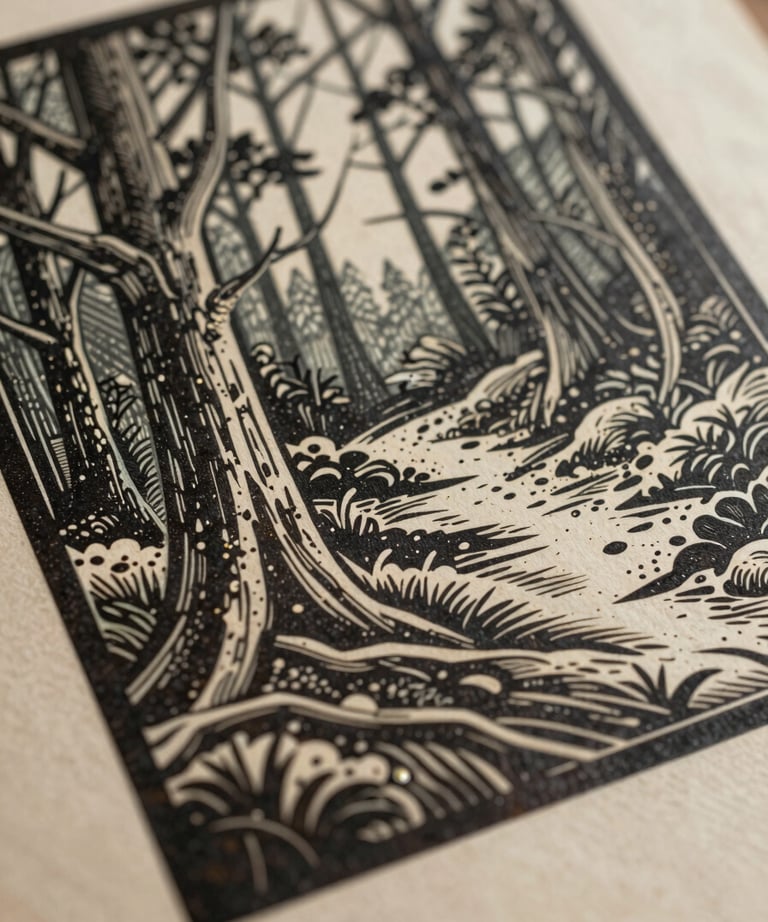 A close-up of a linocut carving showing the intricate details of a forest scene, with warm, cinematic shadows.