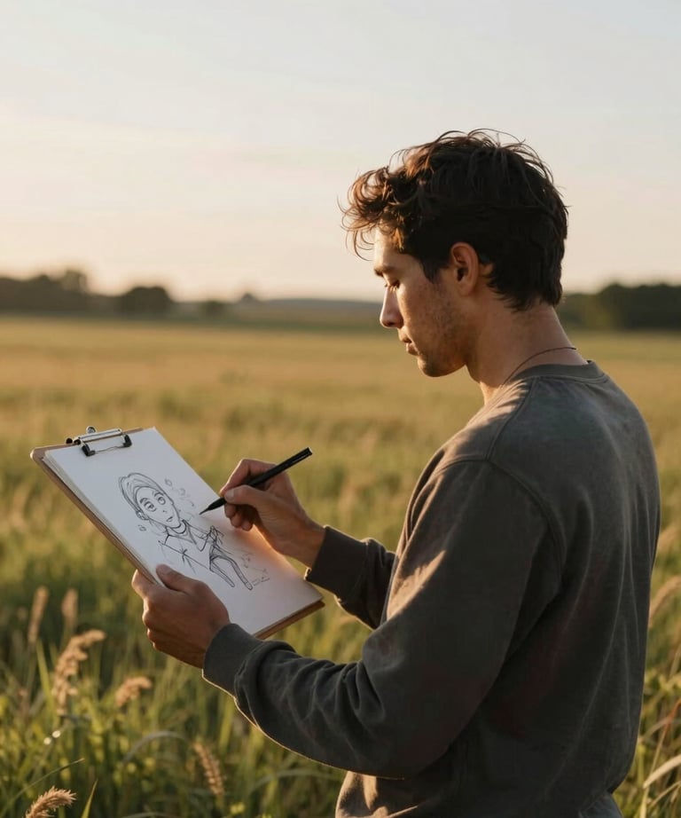 A lifestyle photograph of a North American artist sketching in a field during the golden hour, captured with a cinematic lens.