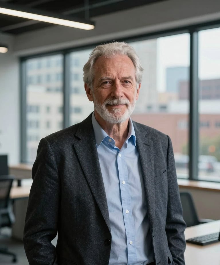 A professional portrait of a senior interior architect in a bright, modern office space with a large window in the background, showing a sophisticated urban North American environment.
