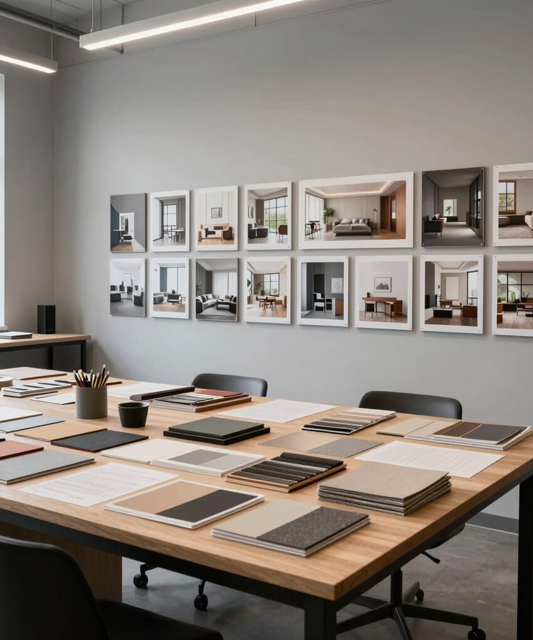 A wide shot of a modern design studio with light gray walls, featuring large work tables covered in material swatches and a wall-mounted display of successful interior projects.