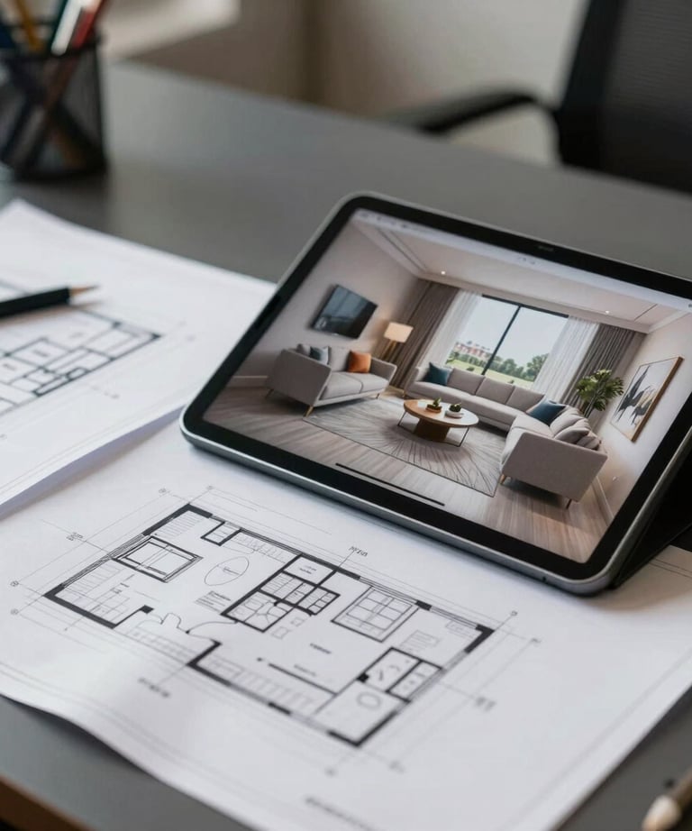 A close-up shot of architectural blueprints and a digital tablet showing a 3D living room render on a dark office desk in a professional North American design firm.