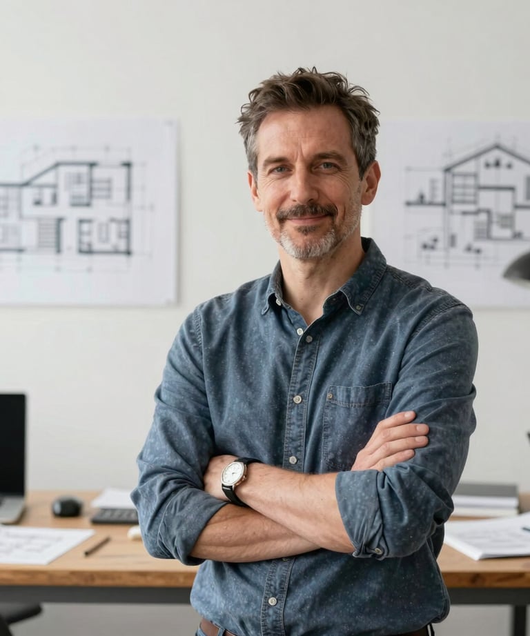 A professional portrait of a lead interior designer in a modern studio environment. The setting is clean and bright with architectural sketches in the background, conveying expertise and creative focus.