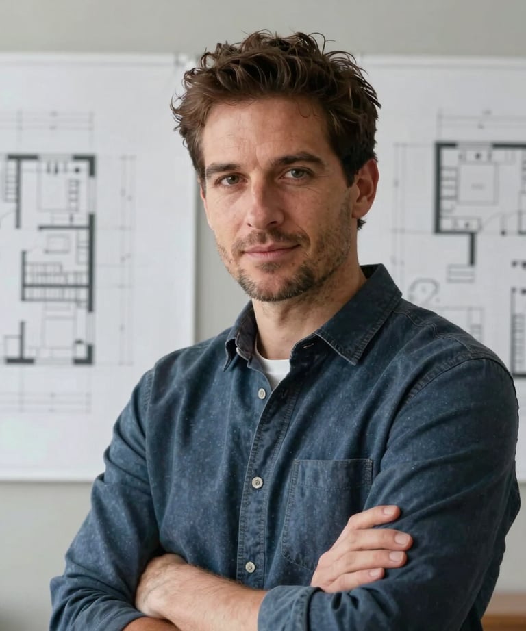 A portrait of a male lead designer in a professional North American studio, looking toward the camera with a confident expression, surrounded by interior design blueprints.