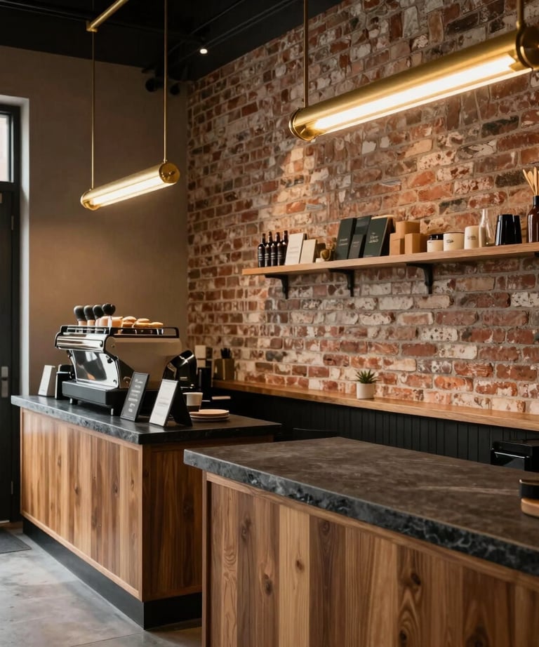 A stylish coffee shop interior in a North American urban setting, featuring warm wooden accents, modern dark slate counters, and a variety of textures from exposed brick to sleek brass light fixtures.