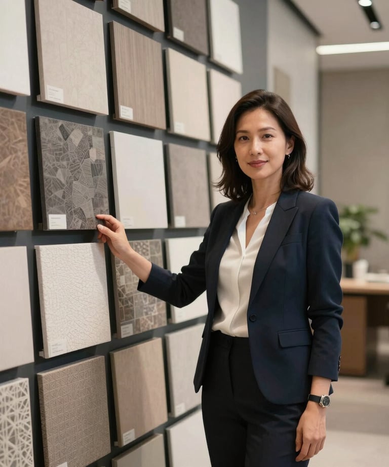 Portrait of a female project manager in a high-end interior design office, dressed in professional attire, standing in front of a wall of architectural material samples.
