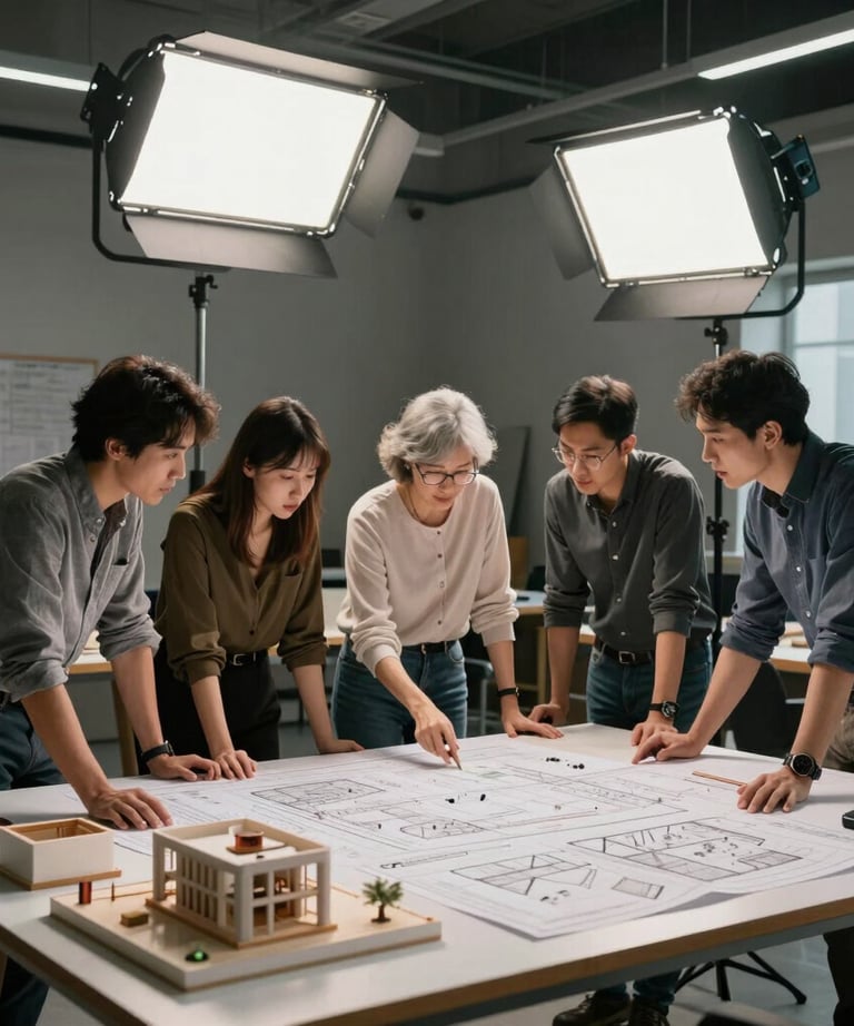 A team of professional designers in a North American studio collaborating over a large table with blueprints and architectural models, illuminated by bright studio lights.