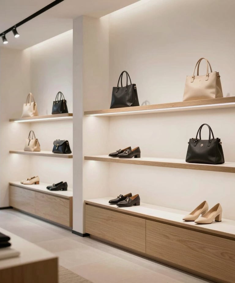 A clean, bright North American boutique interior featuring minimal shelving, elegant lighting, and high-end materials that create a sophisticated retail experience.