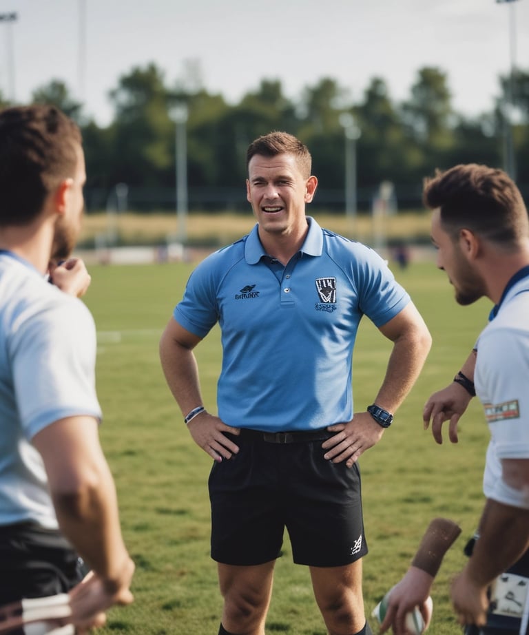 Action shot of a player running with the rugby ball on a green field.