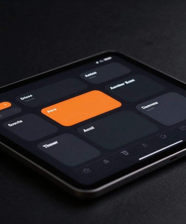 A sleek, minimalist digital app interface displayed on a tablet, featuring high-contrast dark mode design and bold orange highlights, macro photography style.