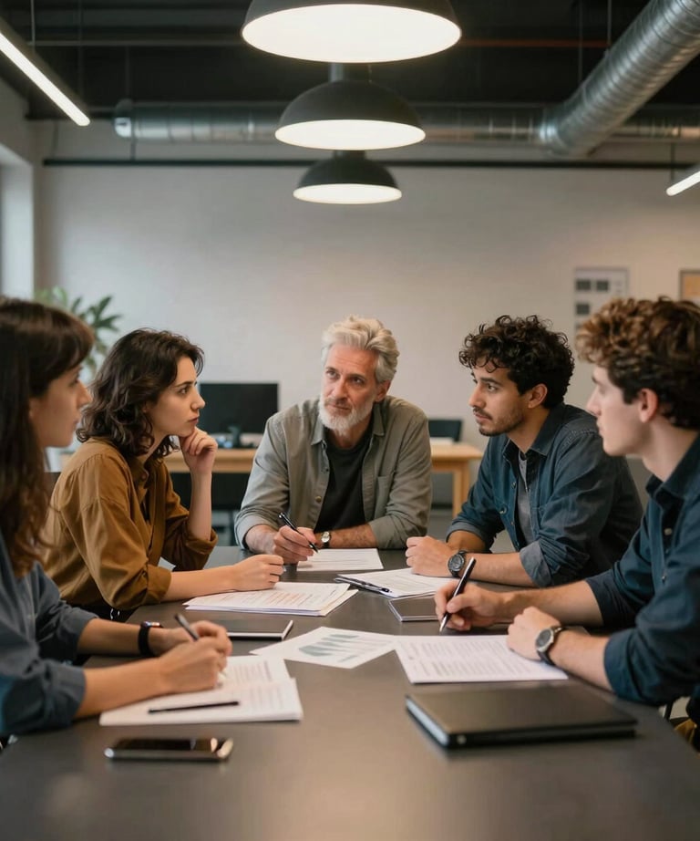 Group of diverse creative professionals in a Spanish design agency, sitting around a dark table discussing a project, modern industrial style.