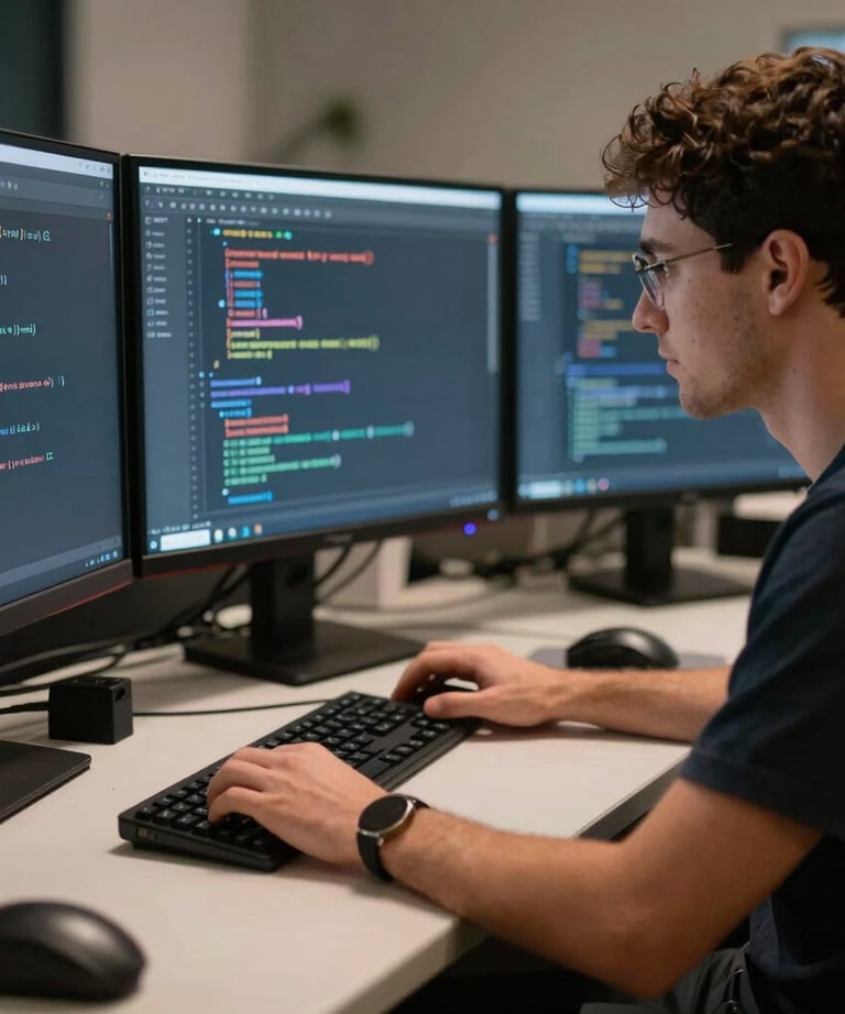 Professional Spanish developer working in a dark room with multiple screens, focusing on clean code, soft blue and orange ambient light.