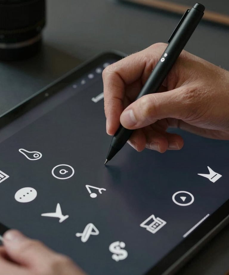 Close-up of a designer's hand using a digital pen on a black tablet, creating minimalist icons, cinematic lighting, professional studio in Spain.