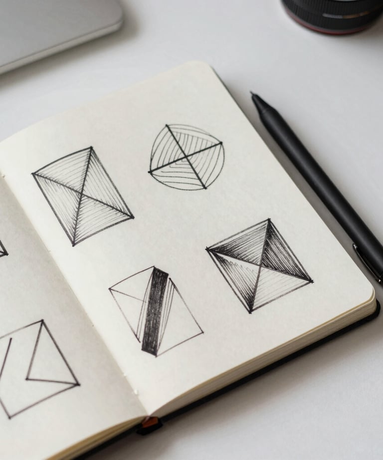 Overhead shot of a minimalist workspace in Spain, showing a sketchbook with geometric brand drawings and a professional digital stylus.