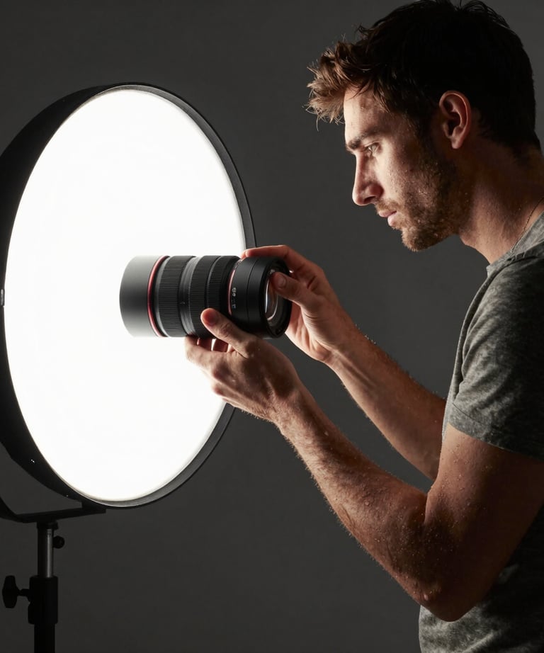 Professional Spanish photographer adjusting lighting in a dark studio, focusing on a minimalist product setup, cinematic atmosphere.