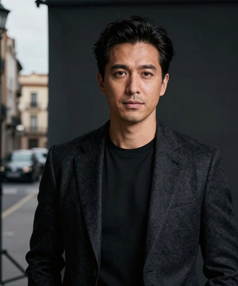 Professional portrait of a creative lead in a dark studio setting, soft cinematic lighting, Spanish city environment, wearing dark high-end attire.