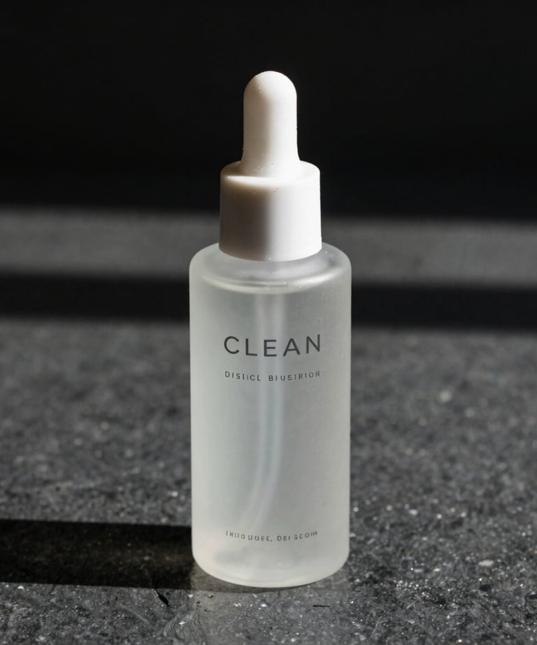 Clean, minimalist bottle design for a high-end skincare line, photographed with soft natural light and deep shadows on a dark stone surface.
