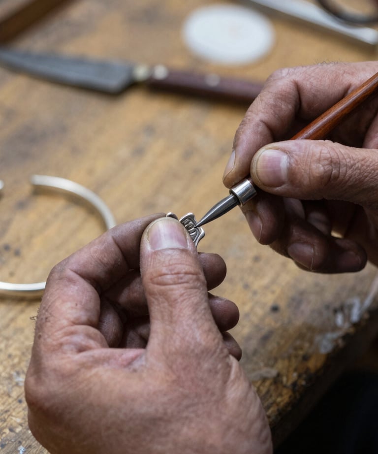 Artisan carefully shaping silver jewelry in a minimalist, softly lit workshop.