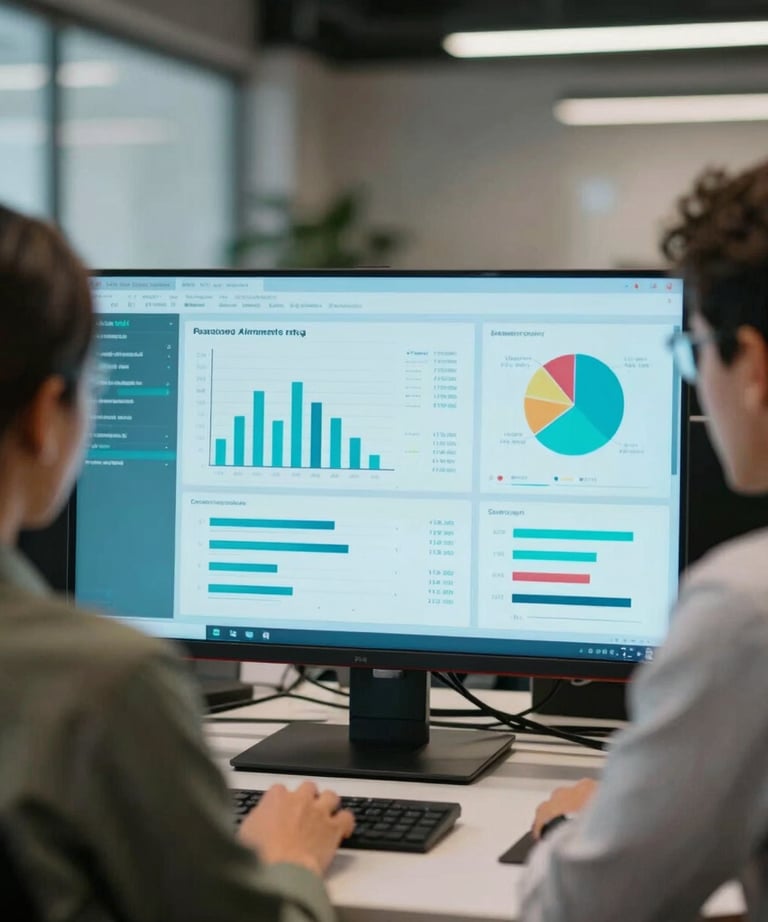 Two creative professionals in a modern office, blurred in the background, focusing on a bright turquoise screen showing analytics and design patterns. South American setting.