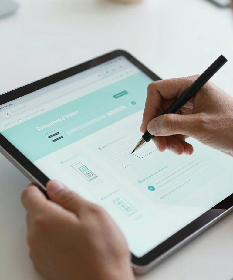 Close-up photography of professional hands sketching a website layout on a tablet. The lighting is bright and modern, using pale turquoise and white tones. South American studio.