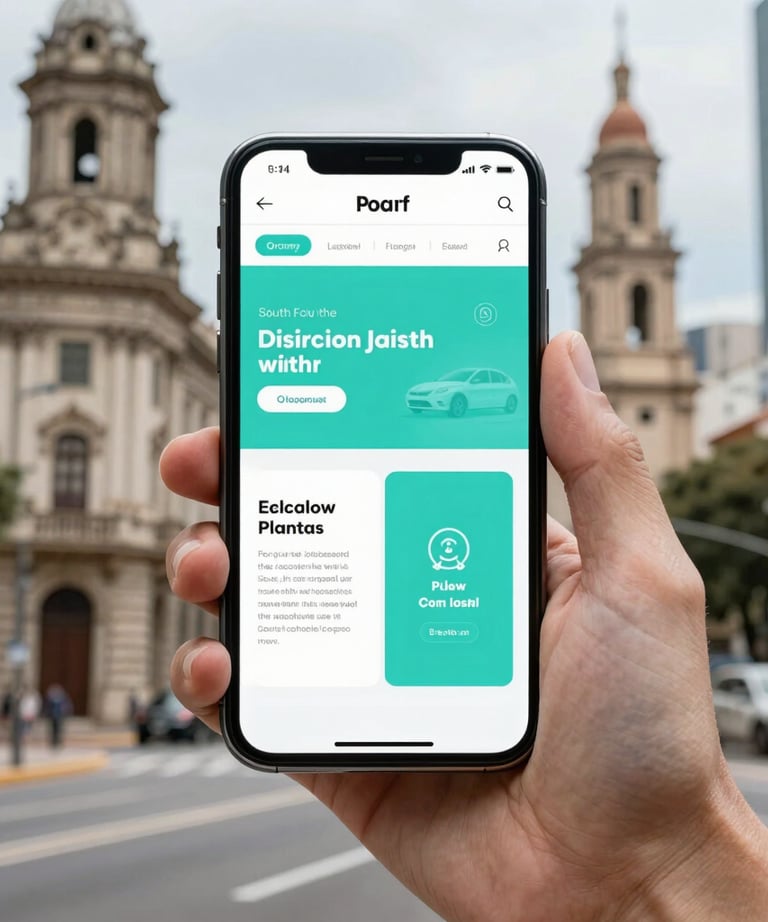 A modern smartphone being held by a professional, showing a mobile-responsive website with a clean turquoise design. Outdoor city background, South American architecture.