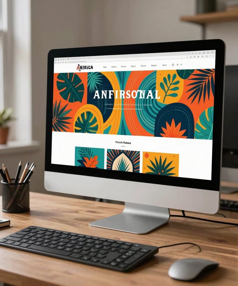 A workspace with a modern monitor displaying a vibrant, artistic website design. Natural light fills the room, highlighting professional creative tools. South American aesthetic.