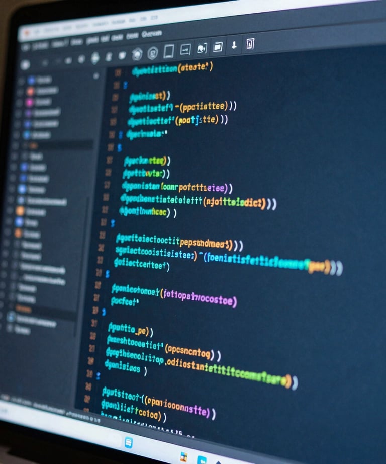 Macro shot of a high-resolution screen showing colorful code and design elements in shades of turquoise and deep blue. Professional tech atmosphere.