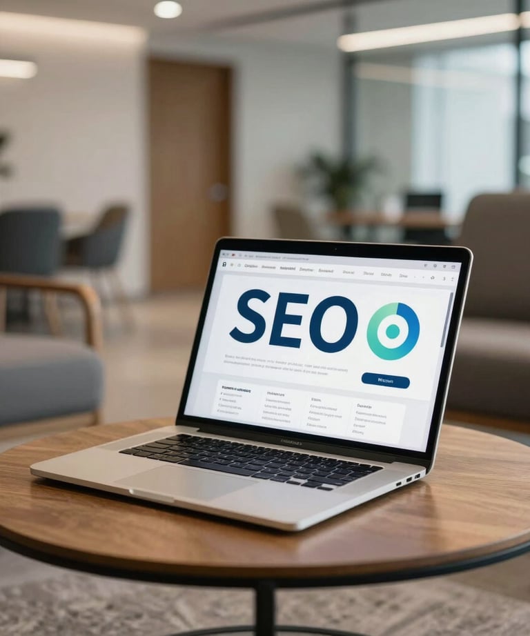 Photography of a modern office lounge in Montevideo where a laptop rests on a coffee table, showing a successful SEO report. Bright, professional, and contemporary.