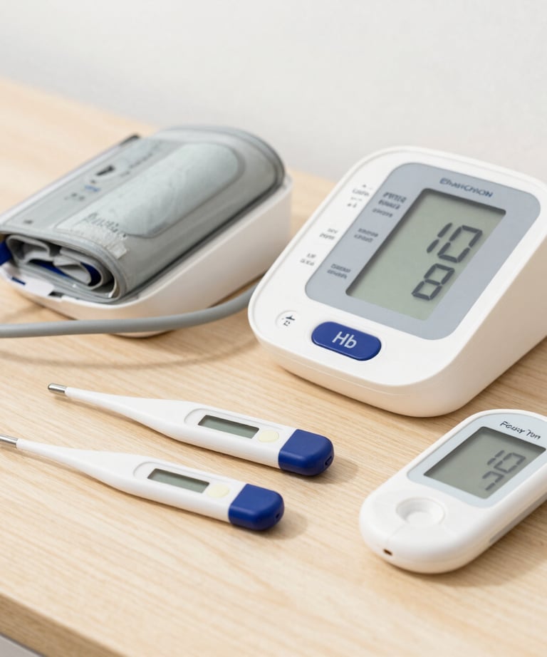 Close-up of the vytalis BP monitor showing its dual display and sleek design on a bedside table.