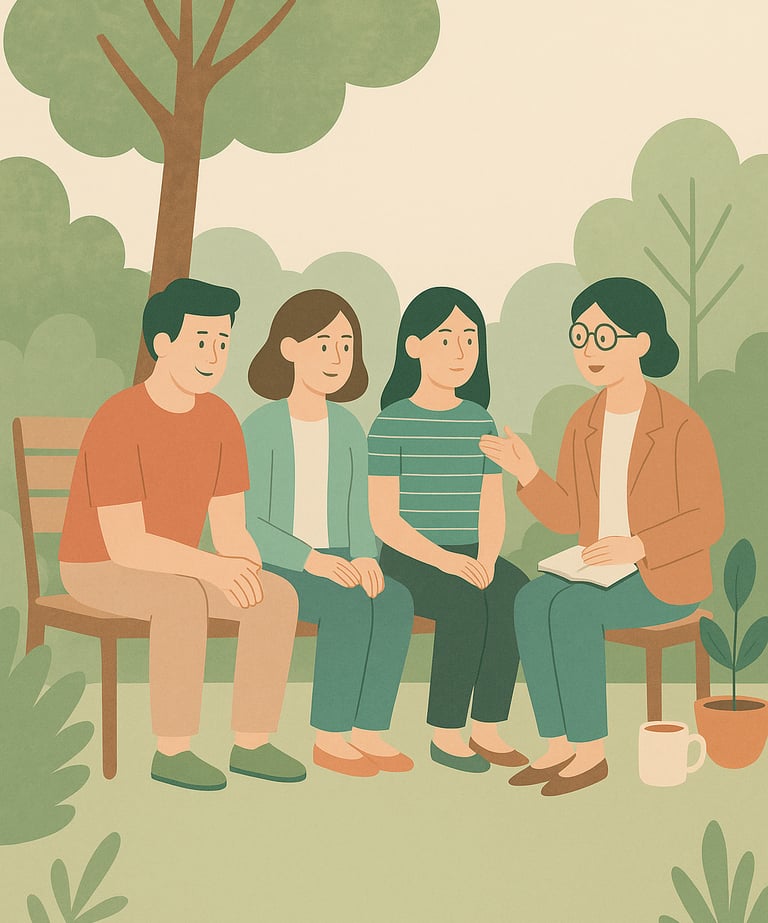 a woman with a family on a bench in a park