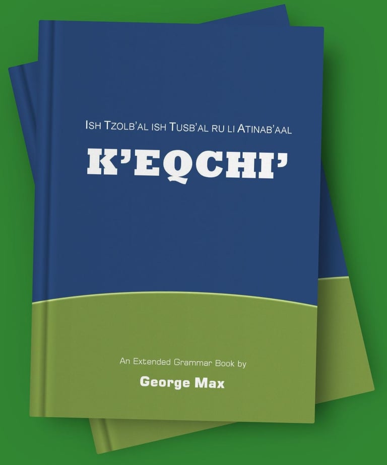 Mock-up of two superposed books with the title K'EQCHI' on the one above