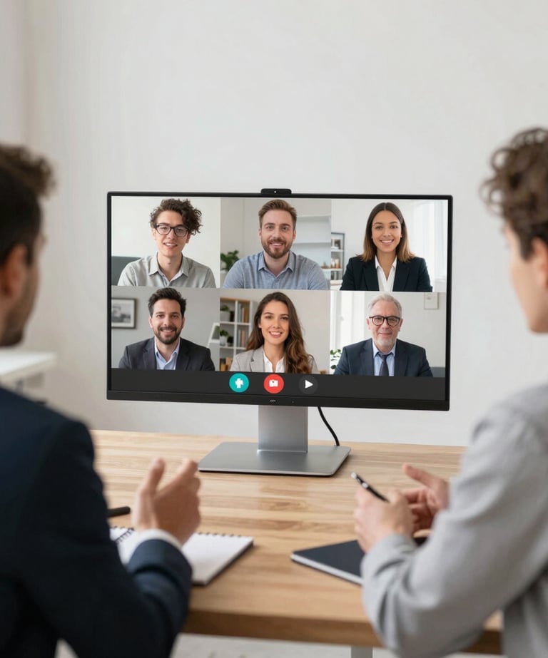 A modern office space with team members engaging in a strategic planning session.