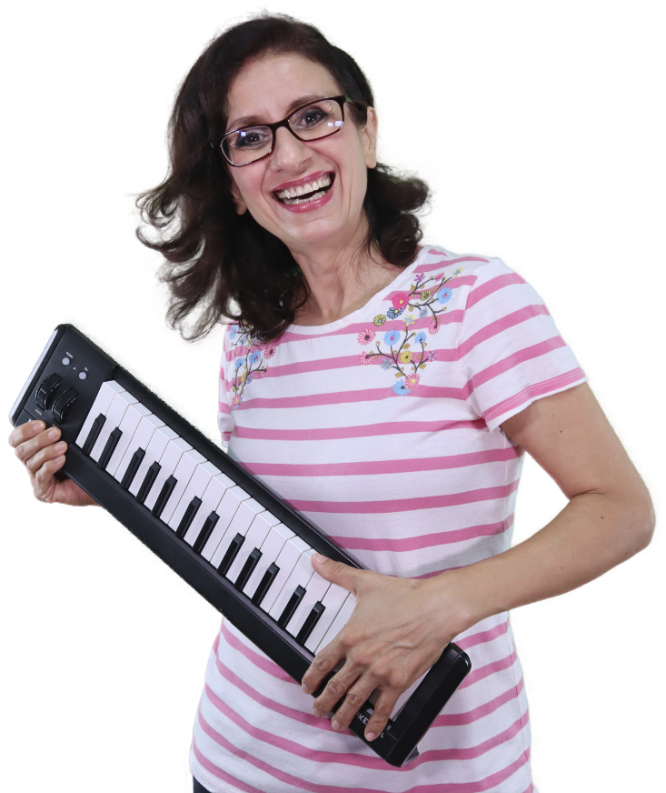 a woman in a striped shirt and glasses holding a keyboard