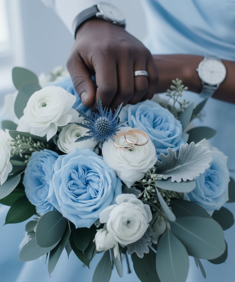 a woman in a blue dress holding a bouquet