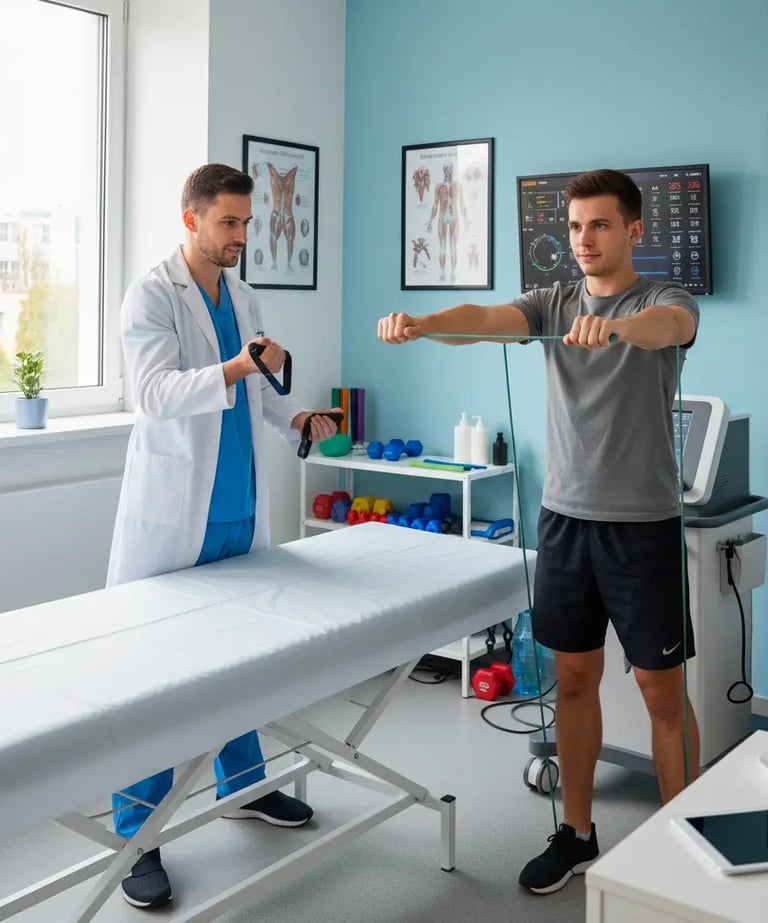 un Fisioterapista durante una seduta con un suo paziente