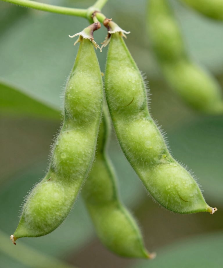 Macro photographic close-up of vibrant green edamame pods growing on the vine, clean agricultural detail, soft diffused natural daylight, shallow depth of field.