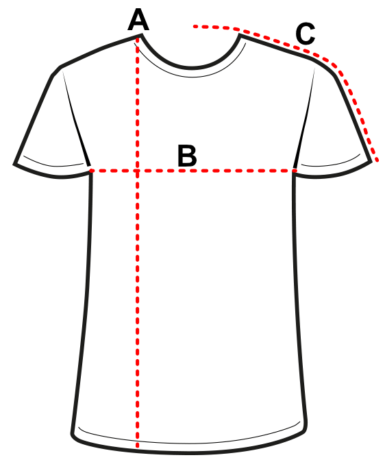 T-shirt size guide diagram showing length, chest, and sleeve measurements with red dashed lines.