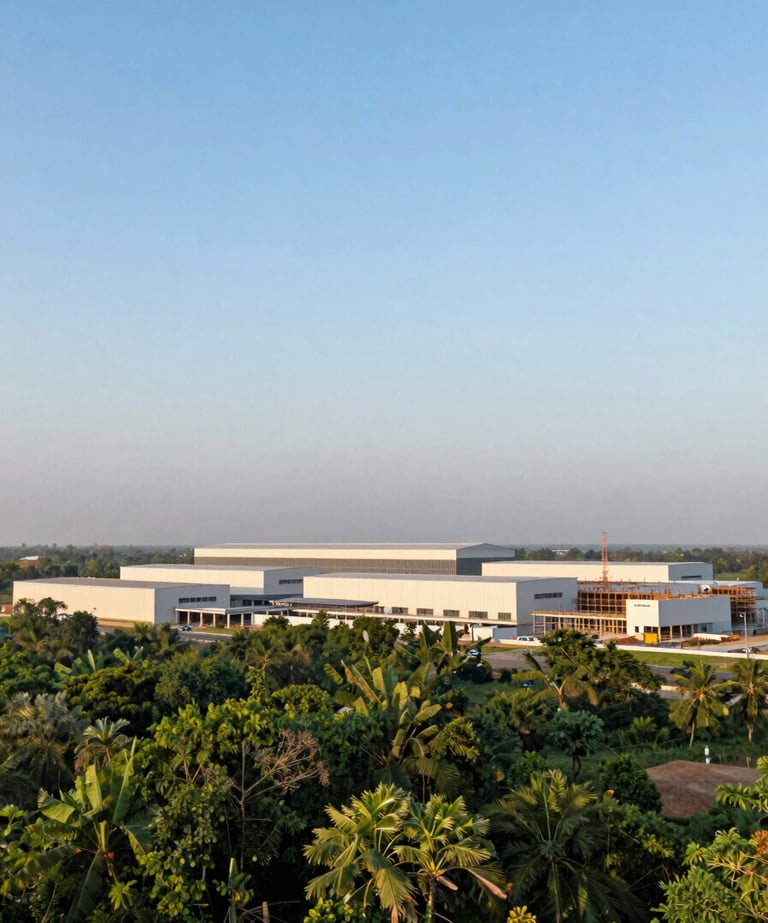 Wide panoramic shot of a modern industrial facility under construction in Chhattisgarh, India, at sunrise, with clean lines and clear skies, low horizon, showing expansive scale. Clean industrial photography, bright natural daylight, forest green and warm ivory tones, sharp focus, 35mm.