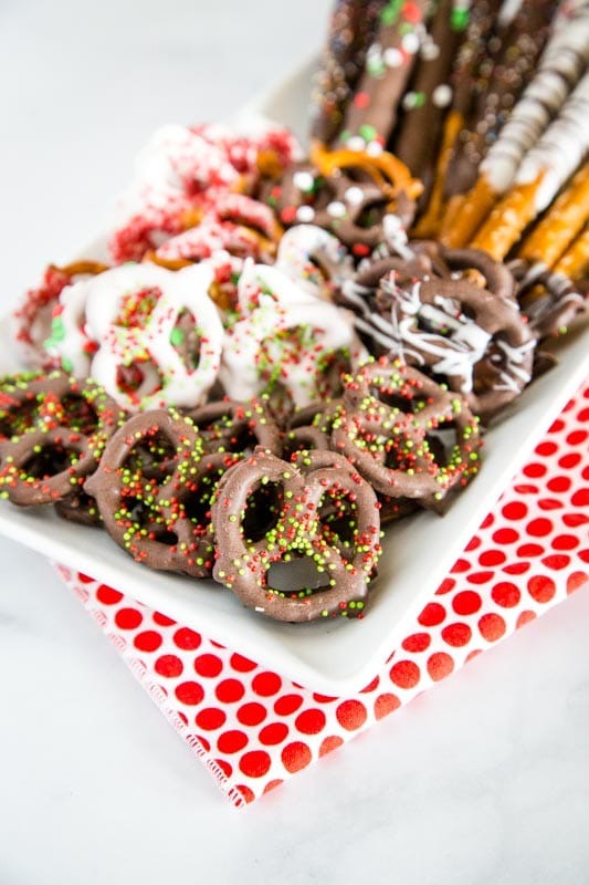 plate of chocolate covered pretzels