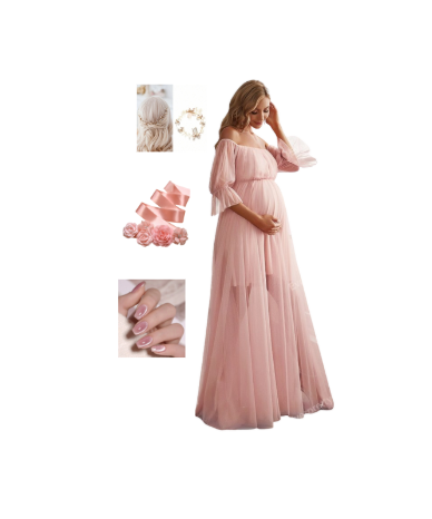 Woodland fairy floral baby shower look with dress, sash, nails, and headband